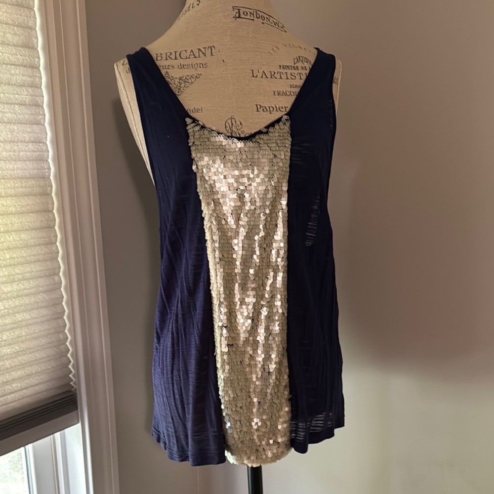 Racerback Tank Blue with Bling Off White Sequin Panel Front NWOT